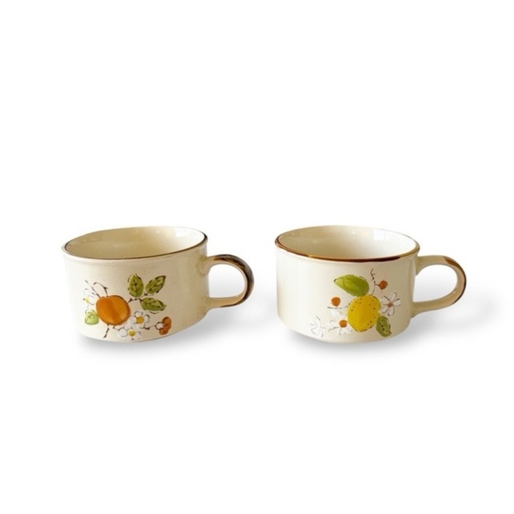 Vintage Soup Mugs Lemon Tree Orange Blossoms Speckled Pottery Norleans Korea 2